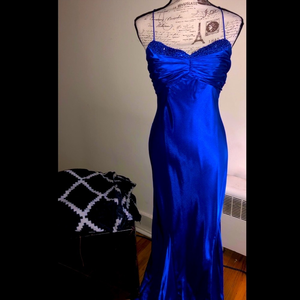 Gorgeous Vintage Royal Blue Beaded Satin Gown
